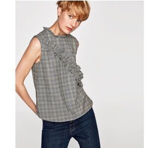 ZARA Grey Plaid Sleeveless Ruffle Top